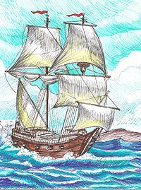 Рисунки ручкой «Корабль в море»  